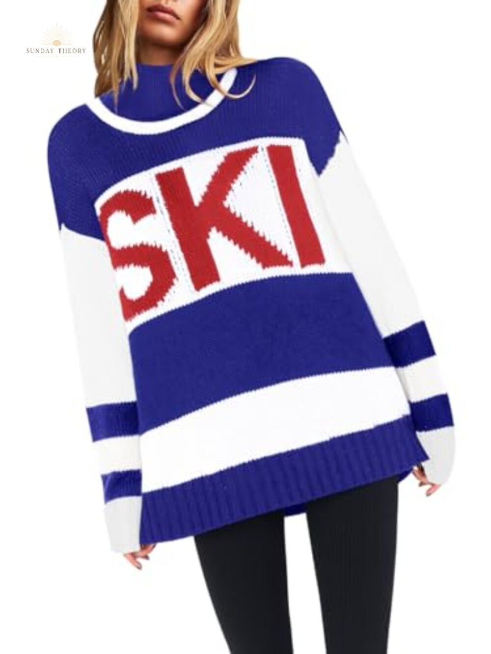 Womens Oversized Color Block Ski Sweater Crewneck Pullover Winter Top